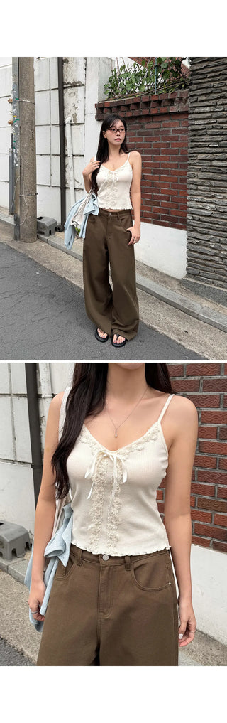 Miel Ribbed Lace V-Neck Flat Wavy Ribbon Strap Layered Sleeveless Top