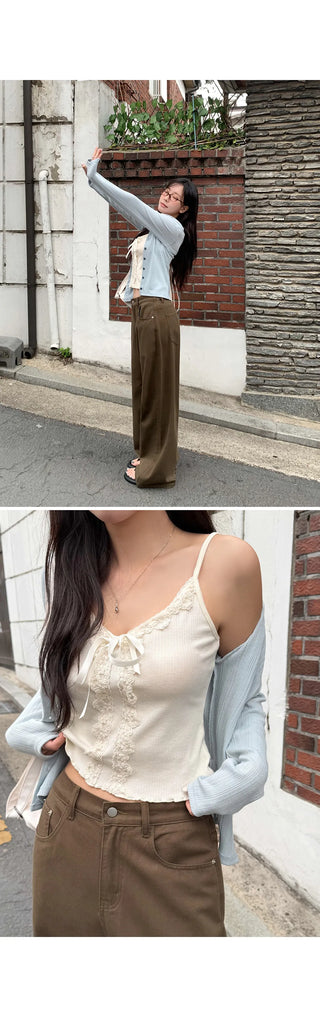 Miel Ribbed Lace V-Neck Flat Wavy Ribbon Strap Layered Sleeveless Top