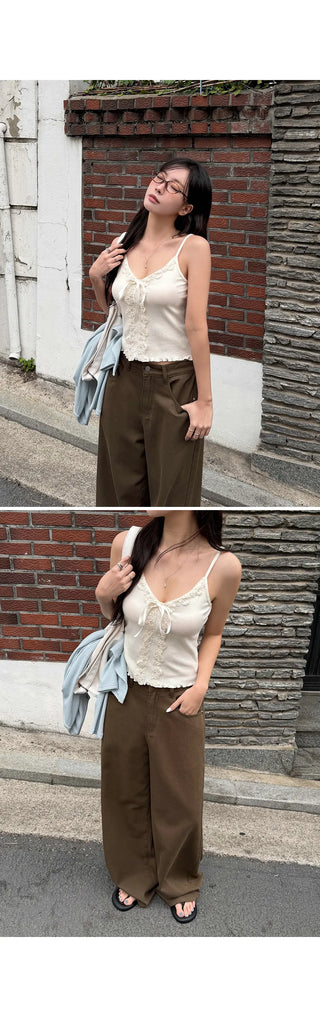 Miel Ribbed Lace V-Neck Flat Wavy Ribbon Strap Layered Sleeveless Top