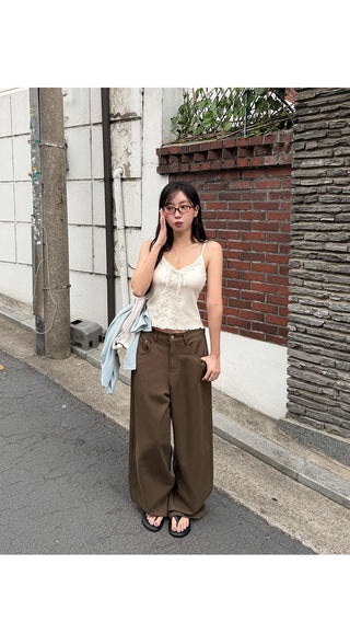 Miel Ribbed Lace V-Neck Flat Wavy Ribbon Strap Layered Sleeveless Top