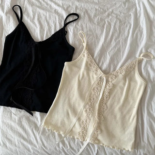 Miel Ribbed Lace V-Neck Flat Wavy Ribbon Strap Layered Sleeveless Top