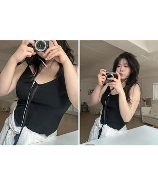Miel Ribbed Lace V-Neck Flat Wavy Ribbon Strap Layered Sleeveless Top