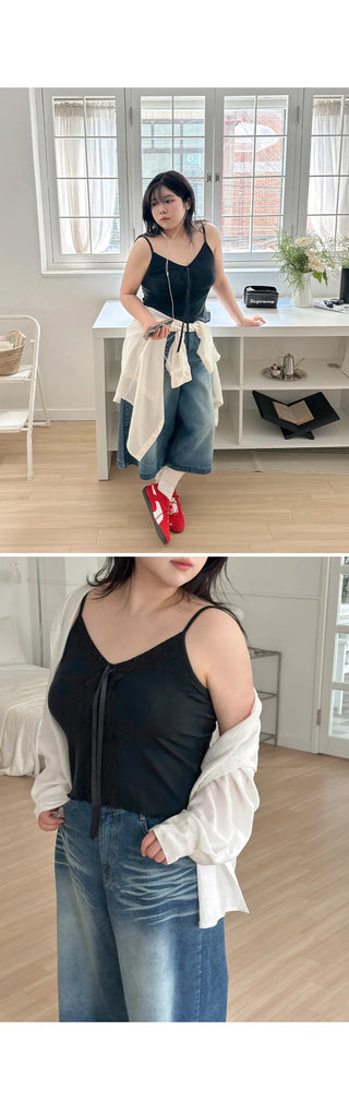 Miel Ribbed Lace V-Neck Flat Wavy Ribbon Strap Layered Sleeveless Top
