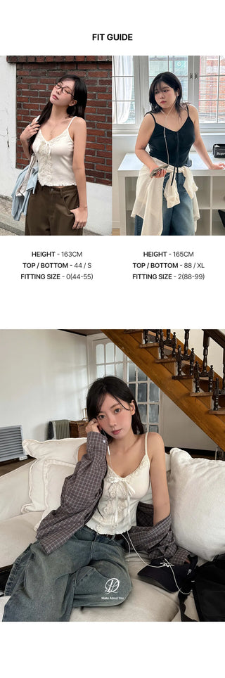 Miel Ribbed Lace V-Neck Flat Wavy Ribbon Strap Layered Sleeveless Top