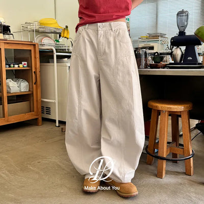 Loose-fit Cotton Curved Pintuck Cut Back Elastic Waist Wide Cotton Pants