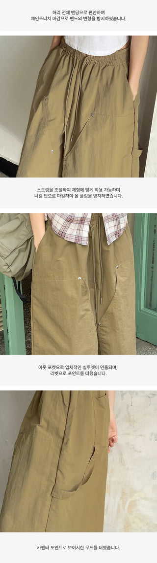 Six Rivet Out Pocket Carpenter Nylon Bermuda Elastic Waist Shorts Unisex Knee-length Shorts