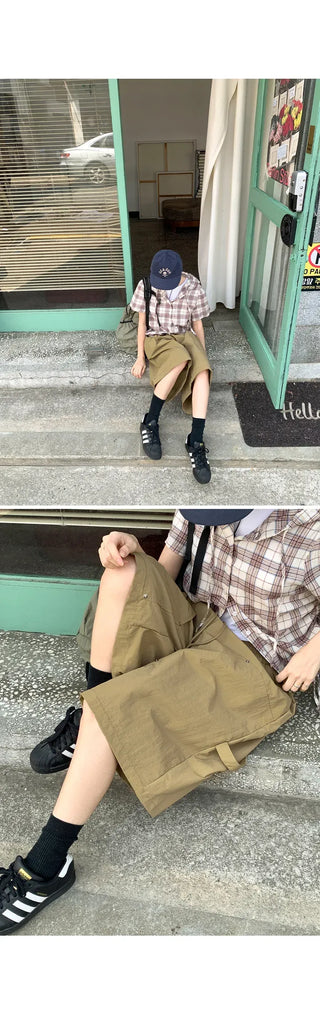 Six Rivet Out Pocket Carpenter Nylon Bermuda Elastic Waist Shorts Unisex Knee-length Shorts