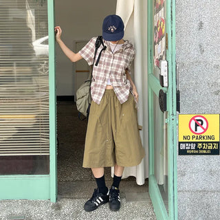 Six Rivet Out Pocket Carpenter Nylon Bermuda Elastic Waist Shorts Unisex Knee-length Shorts