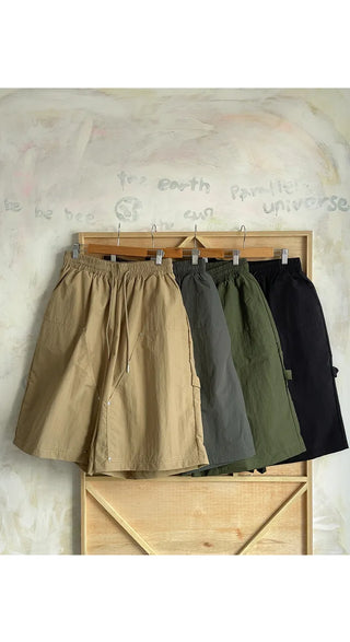 Six Rivet Out Pocket Carpenter Nylon Bermuda Elastic Waist Shorts Unisex Knee-length Shorts