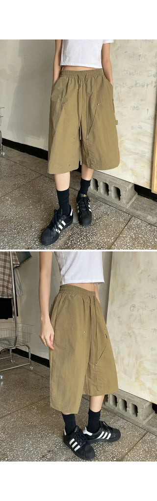 Six Rivet Out Pocket Carpenter Nylon Bermuda Elastic Waist Shorts Unisex Knee-length Shorts