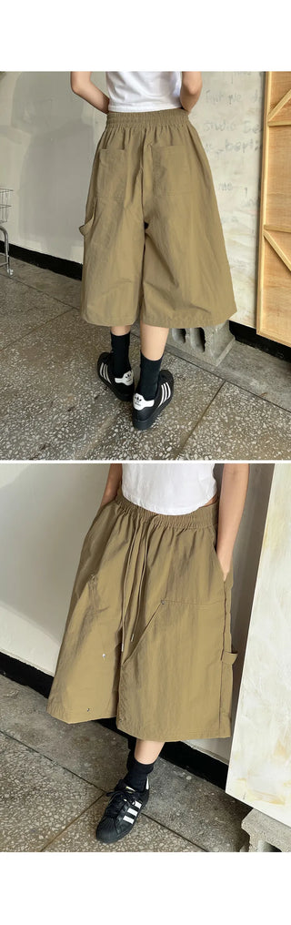 Six Rivet Out Pocket Carpenter Nylon Bermuda Elastic Waist Shorts Unisex Knee-length Shorts