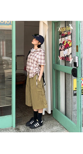 Six Rivet Out Pocket Carpenter Nylon Bermuda Elastic Waist Shorts Unisex Knee-length Shorts