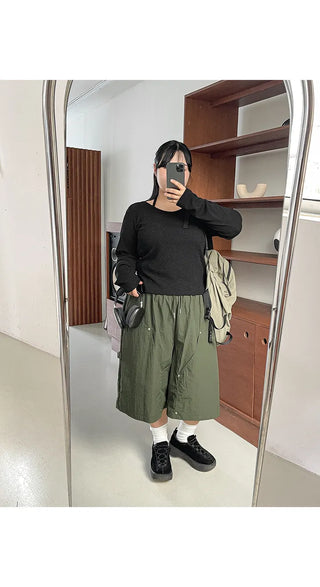 Six Rivet Out Pocket Carpenter Nylon Bermuda Elastic Waist Shorts Unisex Knee-length Shorts