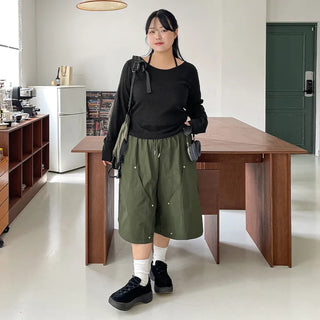 Six Rivet Out Pocket Carpenter Nylon Bermuda Elastic Waist Shorts Unisex Knee-length Shorts