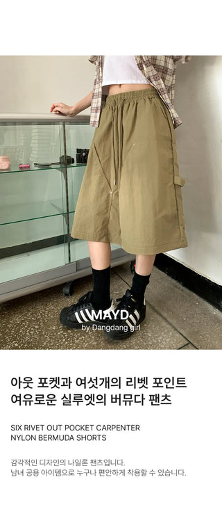 Six Rivet Out Pocket Carpenter Nylon Bermuda Elastic Waist Shorts Unisex Knee-length Shorts