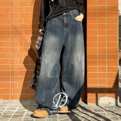 Pitan Rivet Cut Curved Back Elastic Washed Denim Wide Pants Jeans