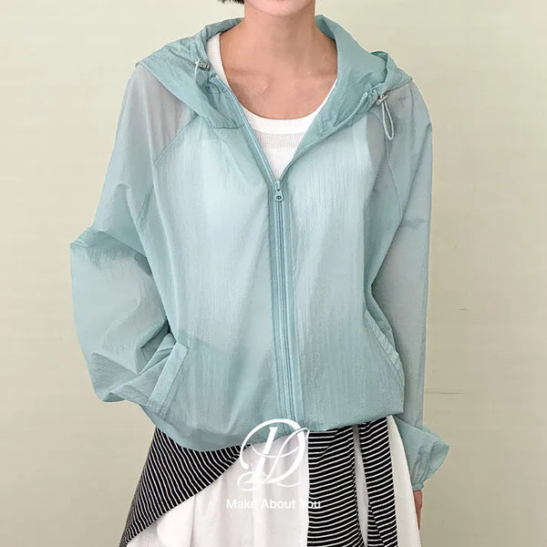 De Pin Nylon High-Neck Drawstring Hooded Zip-Up Jumper Ultra-Light Windbreaker Must-Have