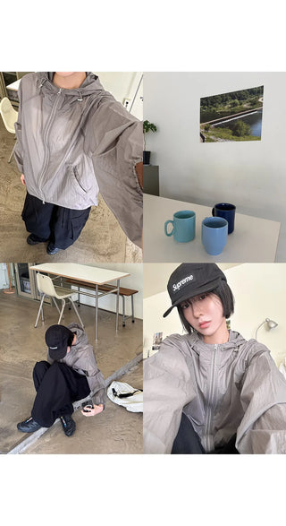 De Pin Nylon High-Neck Drawstring Hooded Zip-Up Jumper Ultra-Light Windbreaker Must-Have