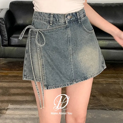 Fanny Vintage Washed Denim Wrap Mini Skirt Pants Denim Shorts