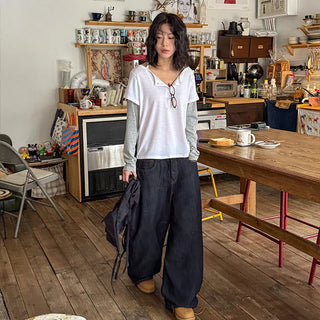 Tsumidep Cotton Curved Stitch Wide Pants Cotton Trousers