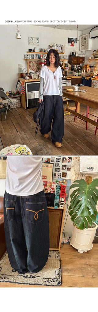 Tsumidep Cotton Curved Stitch Wide Pants Cotton Trousers