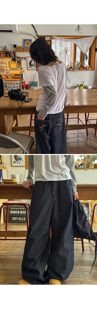 Tsumidep Cotton Curved Stitch Wide Pants Cotton Trousers