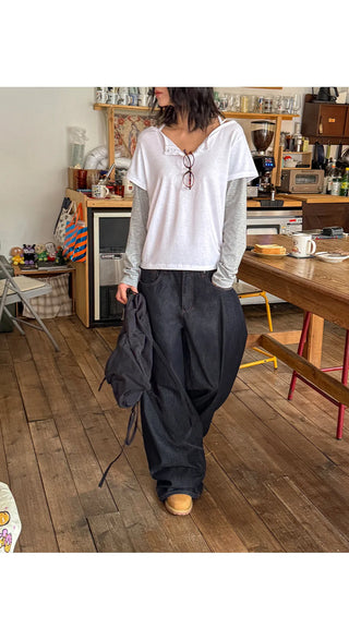 Tsumidep Cotton Curved Stitch Wide Pants Cotton Trousers