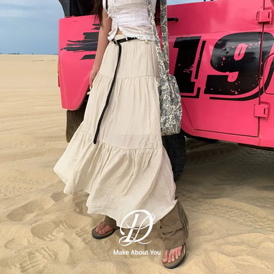 Hanin Wrinkle Tiered Elastic Long Skirt Twist Belt Set