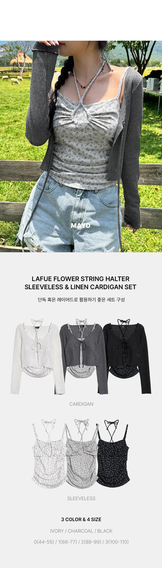 Lapu Wrinkle Flower Rounded Hem Sleeveless & Linen Bolero Cardigan Two-Piece Set