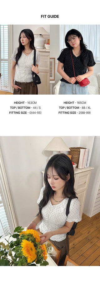 Choni Dot Wrinkle Sheer Chiffon V-Neck Frill Semi-Crop Short Sleeve Blouse