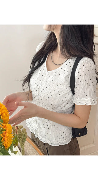 Choni Dot Wrinkle Sheer Chiffon V-Neck Frill Semi-Crop Short Sleeve Blouse