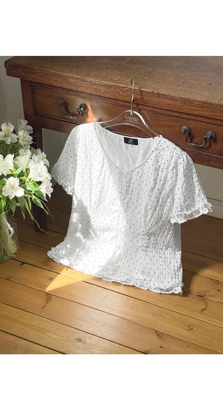 Choni Dot Wrinkle Sheer Chiffon V-Neck Frill Semi-Crop Short Sleeve Blouse