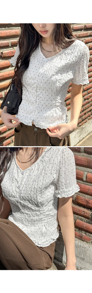 Choni Dot Wrinkle Sheer Chiffon V-Neck Frill Semi-Crop Short Sleeve Blouse