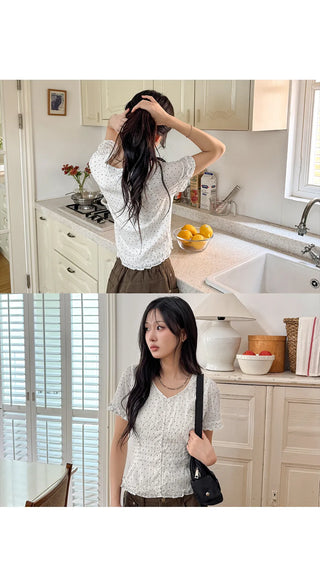 Choni Dot Wrinkle Sheer Chiffon V-Neck Frill Semi-Crop Short Sleeve Blouse