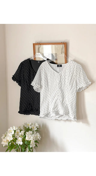 Choni Dot Wrinkle Sheer Chiffon V-Neck Frill Semi-Crop Short Sleeve Blouse
