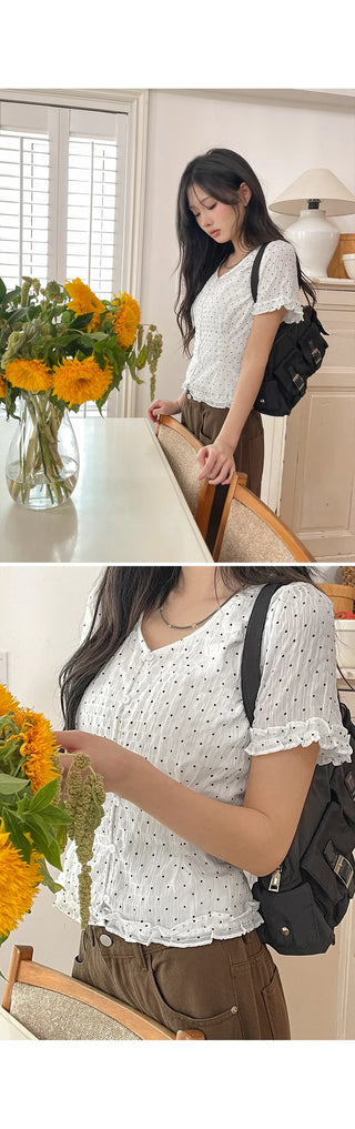 Choni Dot Wrinkle Sheer Chiffon V-Neck Frill Semi-Crop Short Sleeve Blouse