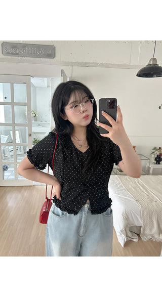 Choni Dot Wrinkle Sheer Chiffon V-Neck Frill Semi-Crop Short Sleeve Blouse