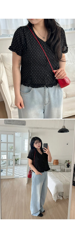 Choni Dot Wrinkle Sheer Chiffon V-Neck Frill Semi-Crop Short Sleeve Blouse