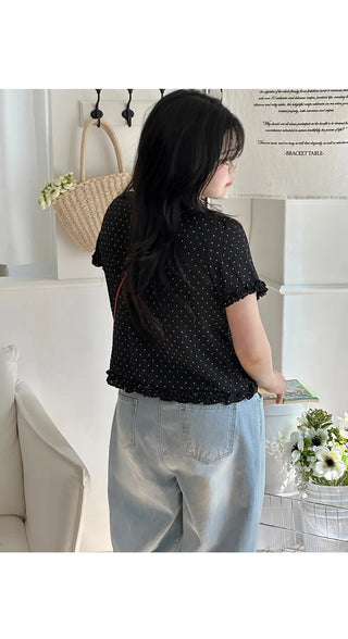 Choni Dot Wrinkle Sheer Chiffon V-Neck Frill Semi-Crop Short Sleeve Blouse