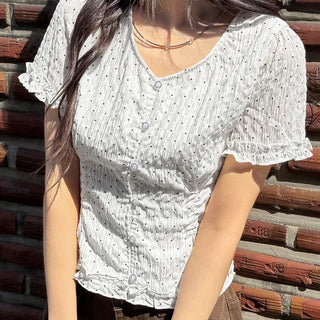 Choni Dot Wrinkle Sheer Chiffon V-Neck Frill Semi-Crop Short Sleeve Blouse