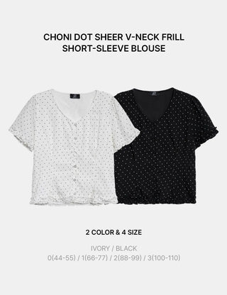 Choni Dot Wrinkle Sheer Chiffon V-Neck Frill Semi-Crop Short Sleeve Blouse