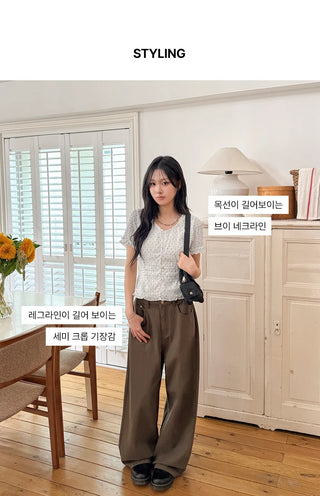 Choni Dot Wrinkle Sheer Chiffon V-Neck Frill Semi-Crop Short Sleeve Blouse