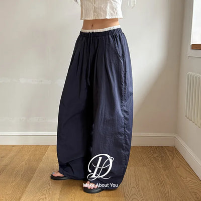 T'EL Nylon Contrast Pintuck Two-Way String Jogger Wide Pants