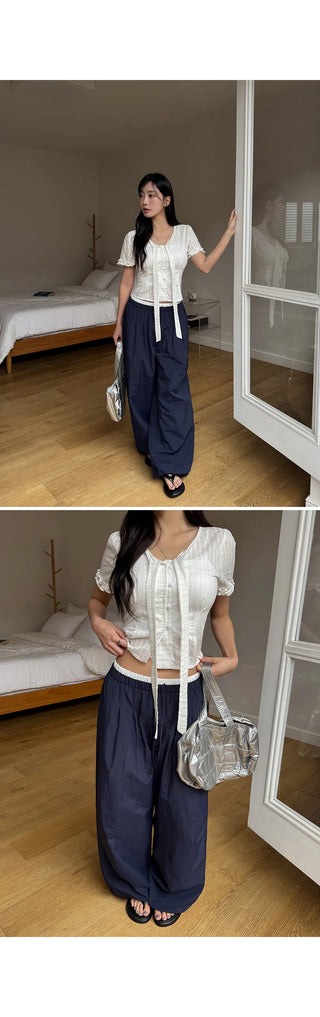 T'EL Nylon Contrast Pintuck Two-Way String Jogger Wide Pants