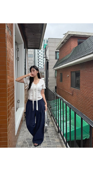 T'EL Nylon Contrast Pintuck Two-Way String Jogger Wide Pants