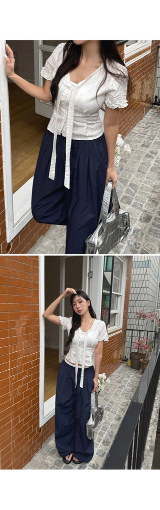 T'EL Nylon Contrast Pintuck Two-Way String Jogger Wide Pants
