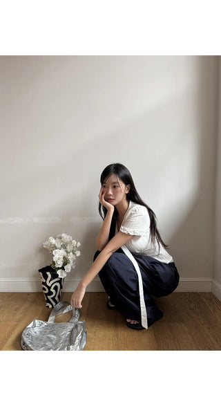 T'EL Nylon Contrast Pintuck Two-Way String Jogger Wide Pants