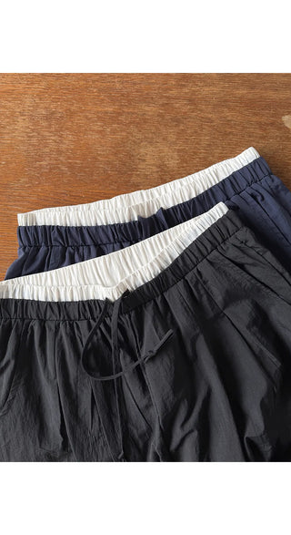 T'EL Nylon Contrast Pintuck Two-Way String Jogger Wide Pants