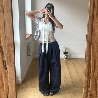 T'EL Nylon Contrast Pintuck Two-Way String Jogger Wide Pants