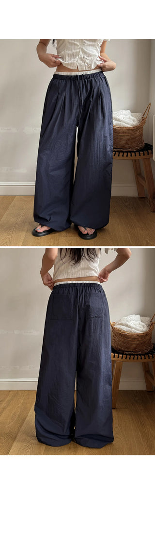 T'EL Nylon Contrast Pintuck Two-Way String Jogger Wide Pants